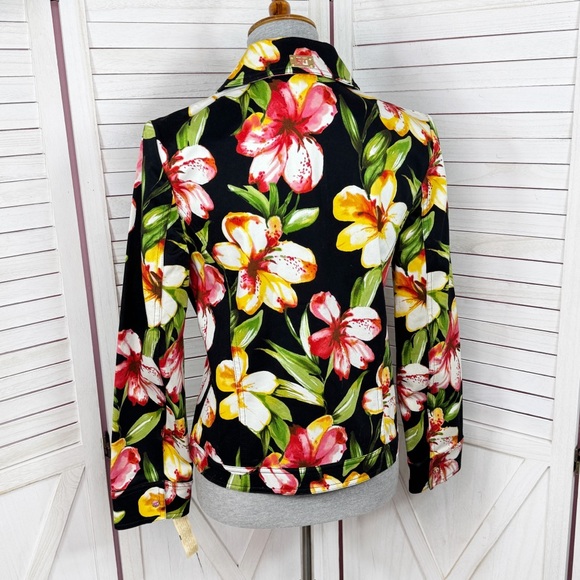 Vintage St. John Sport Tropical Flower Print Denim Jacket Black Yellow Small - Picture 4 of 11